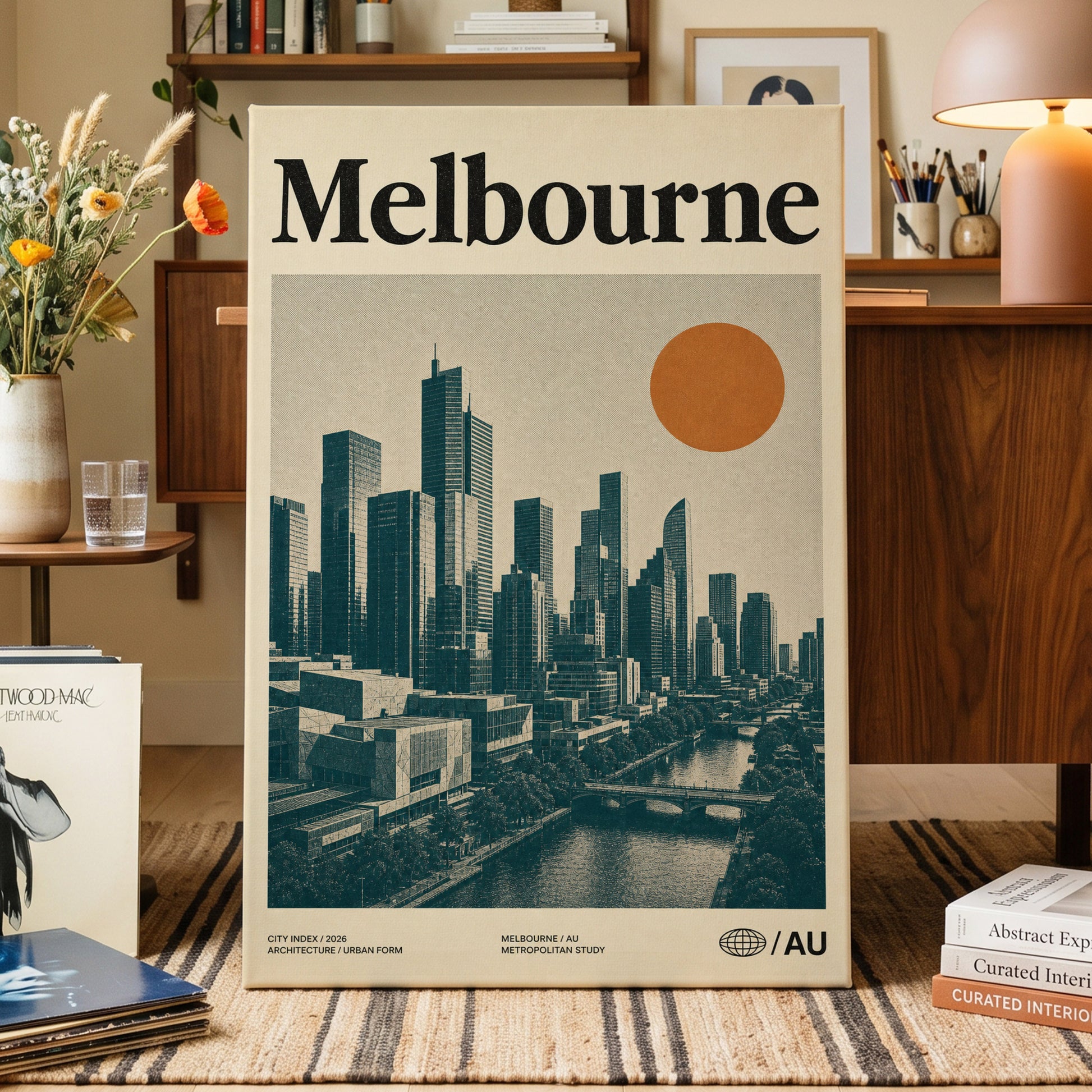 Melbourne Amber Skyline, green, beige, orange minimalist wall art on canvas displayed in a styled interior, gallery view 1
