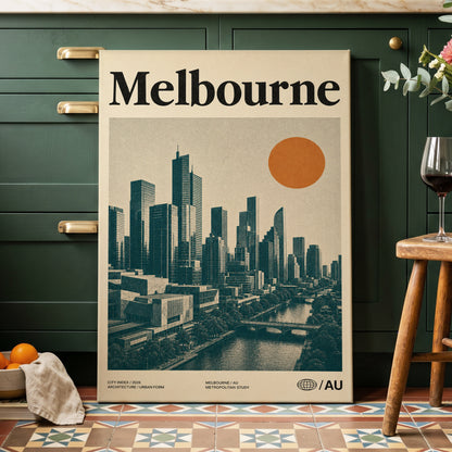 Melbourne Amber Skyline, green, beige, orange minimalist wall art on canvas displayed in a styled interior, gallery view 2