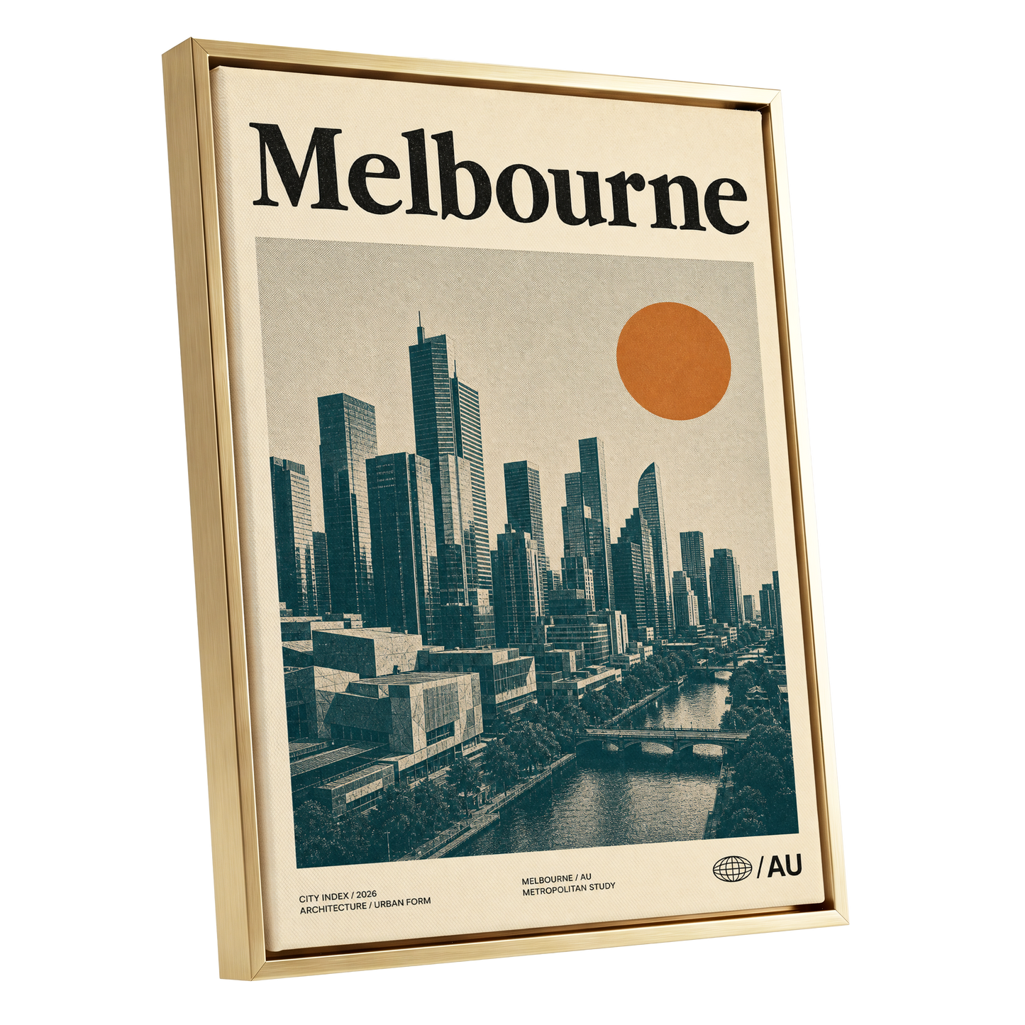 Melbourne Amber Skyline, green, beige, orange minimalist wall art shown as a gold framed canvas wall art