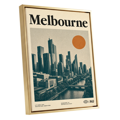 Melbourne Amber Skyline, green, beige, orange minimalist wall art shown as a gold framed canvas wall art