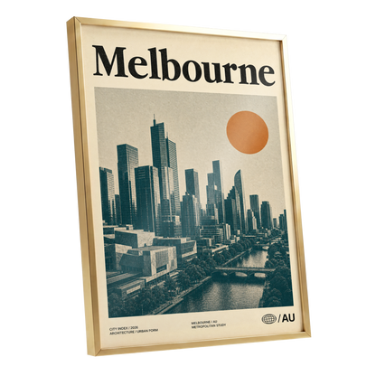 Melbourne Amber Skyline, green, beige, orange minimalist wall art shown as a gold framed poster wall art print