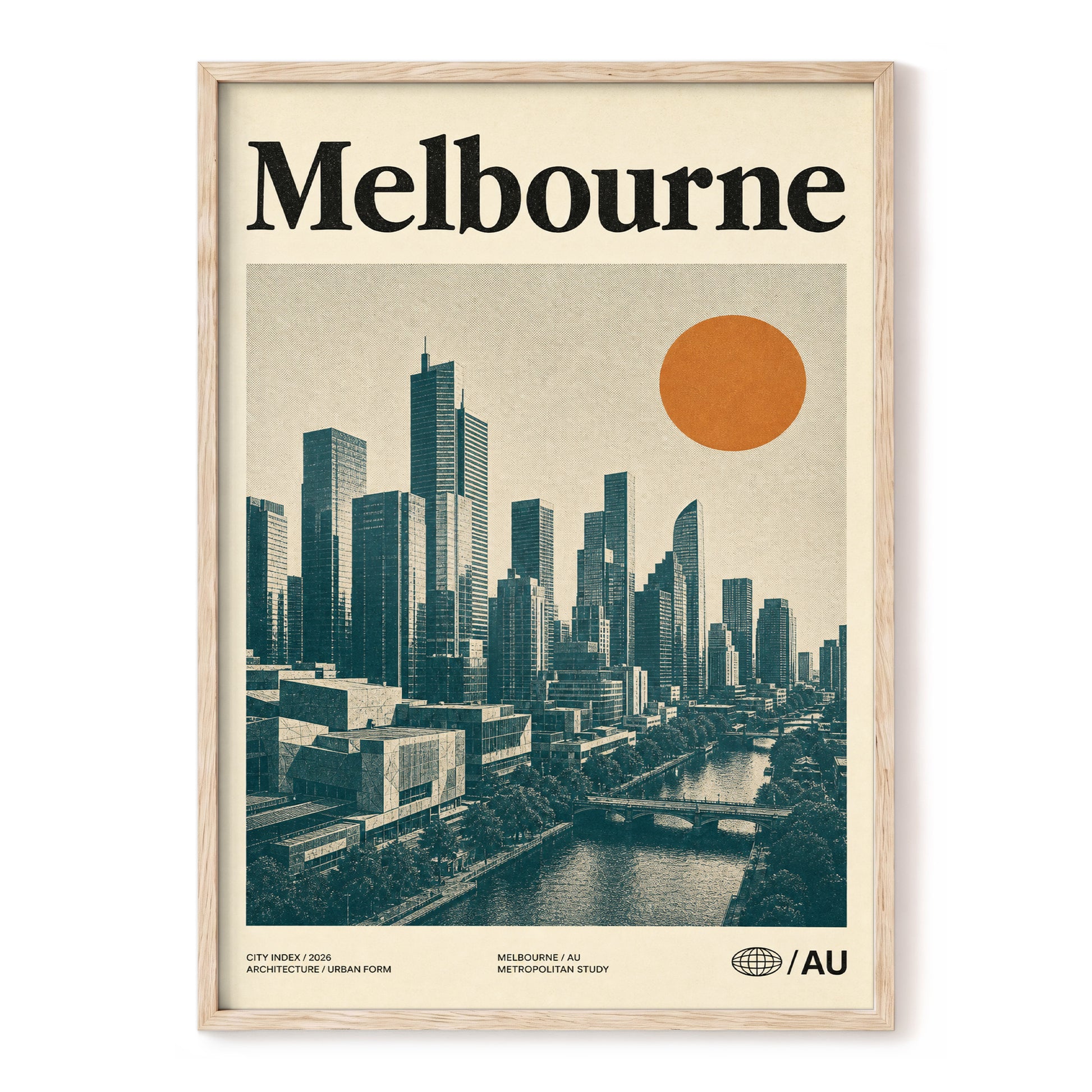 Melbourne Amber Skyline, green, beige, orange minimalist wall art, front artwork view