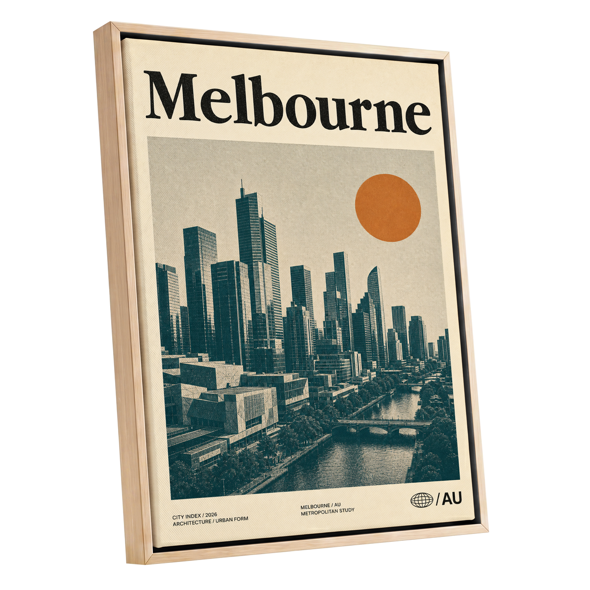Melbourne Amber Skyline, green, beige, orange minimalist wall art shown as a oak framed canvas wall art