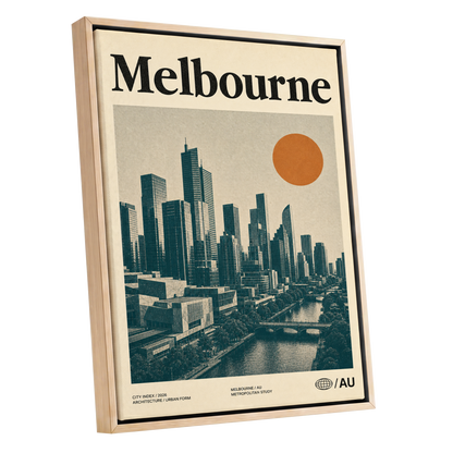 Melbourne Amber Skyline, green, beige, orange minimalist wall art shown as a oak framed canvas wall art