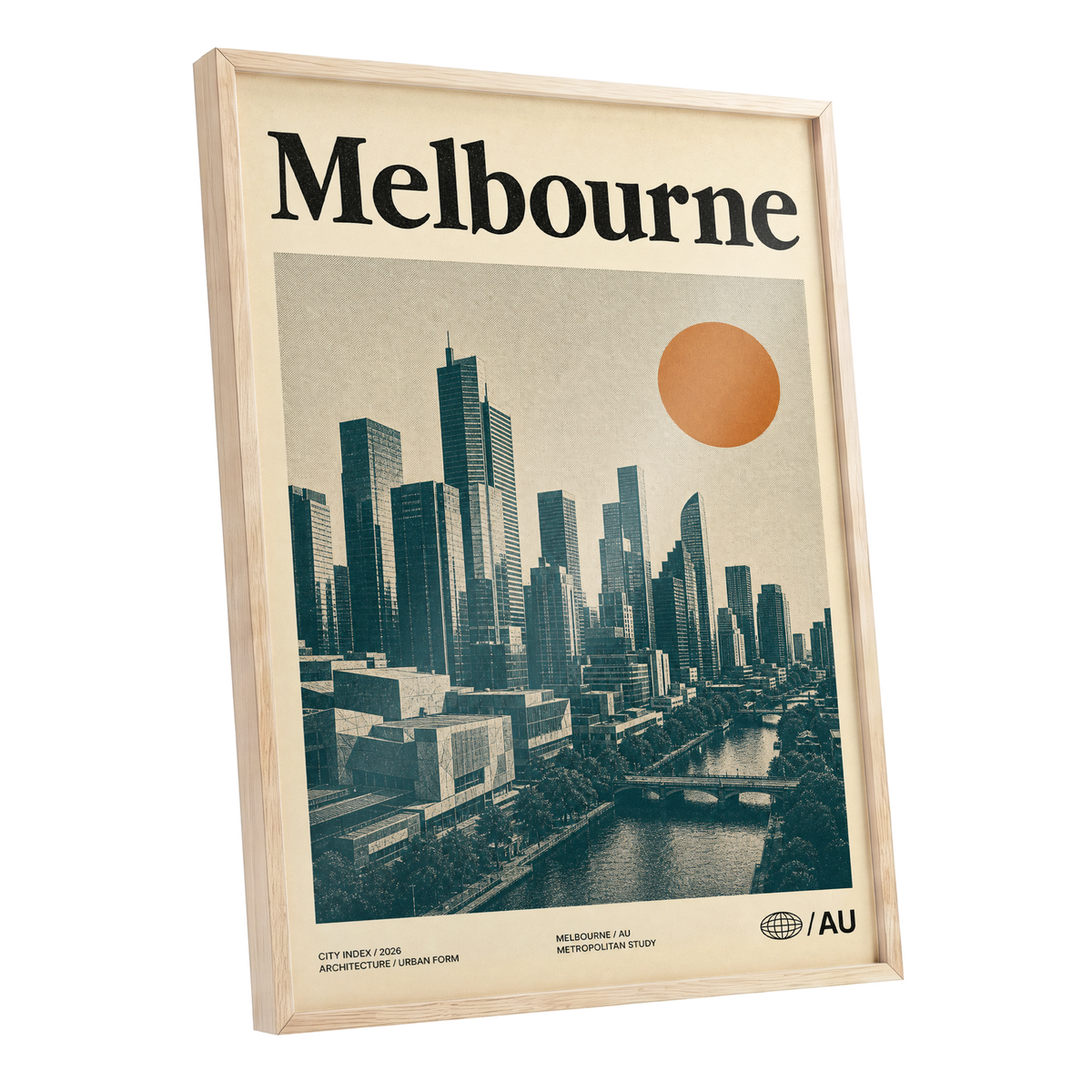Melbourne Amber Skyline, green, beige, orange minimalist wall art shown as a oak framed poster wall art print