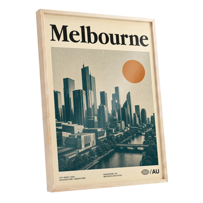 Melbourne Amber Skyline, green, beige, orange minimalist wall art shown as a oak framed poster wall art print