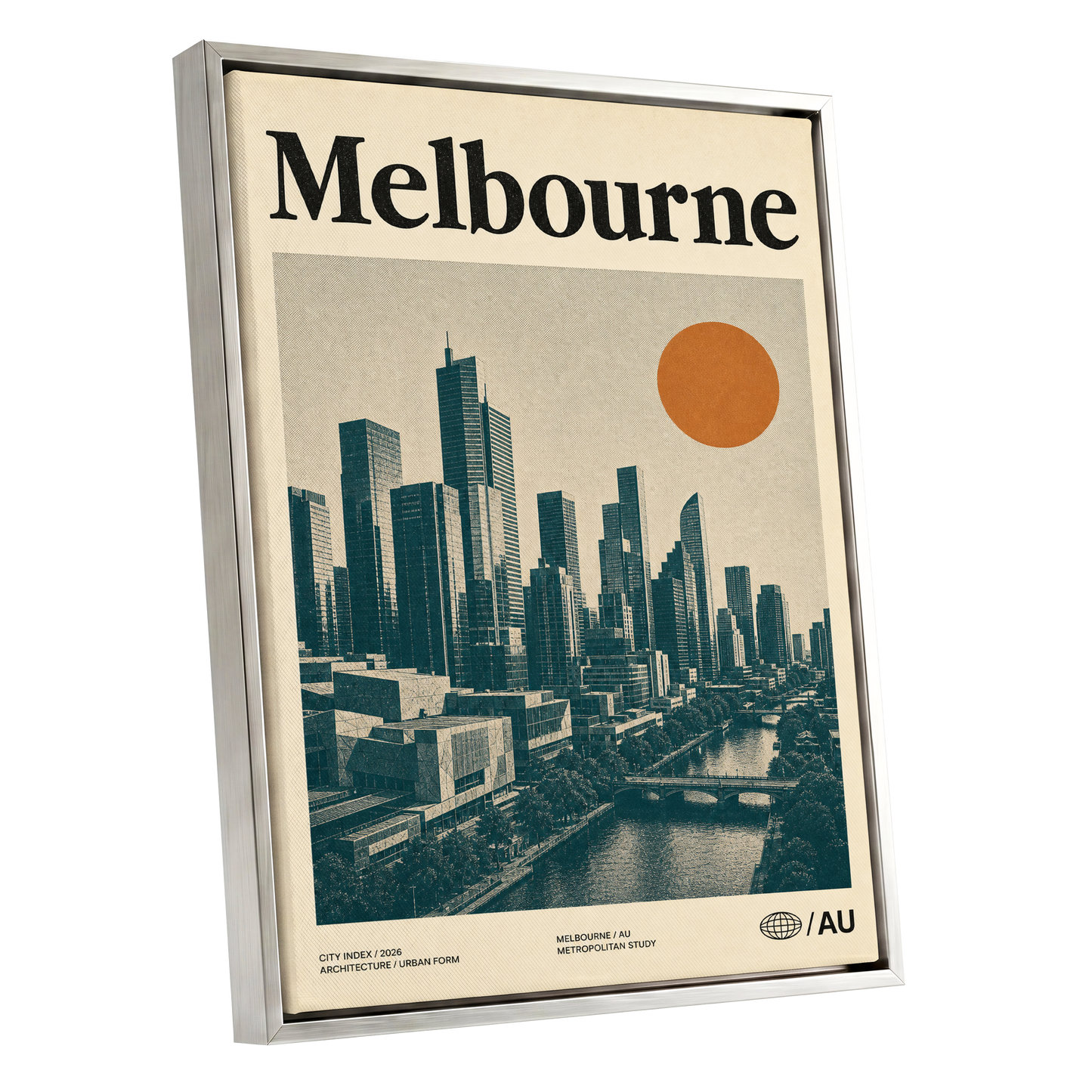 Melbourne Amber Skyline, green, beige, orange minimalist wall art shown as a silver framed canvas wall art