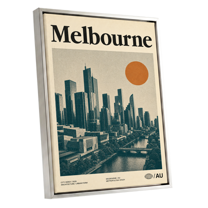 Melbourne Amber Skyline, green, beige, orange minimalist wall art shown as a silver framed canvas wall art