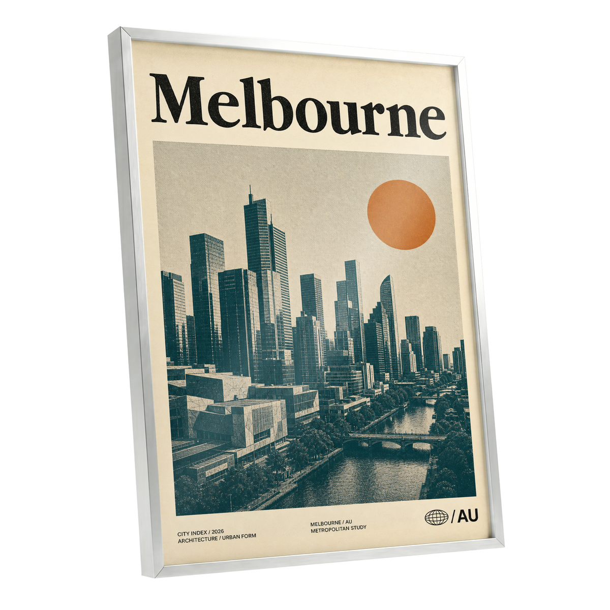 Melbourne Amber Skyline, green, beige, orange minimalist wall art shown as a silver framed poster wall art print