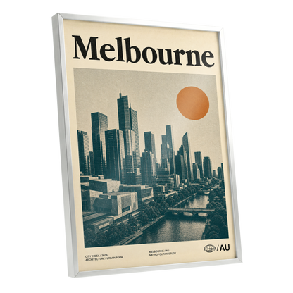 Melbourne Amber Skyline, green, beige, orange minimalist wall art shown as a silver framed poster wall art print