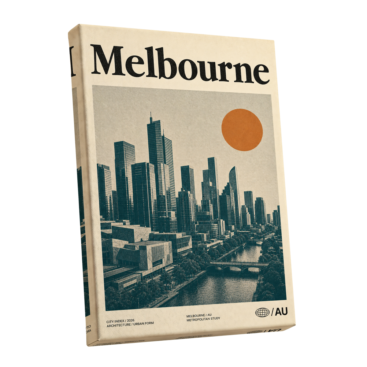 Melbourne Amber Skyline, green, beige, orange minimalist wall art shown as a stretched canvas wall art