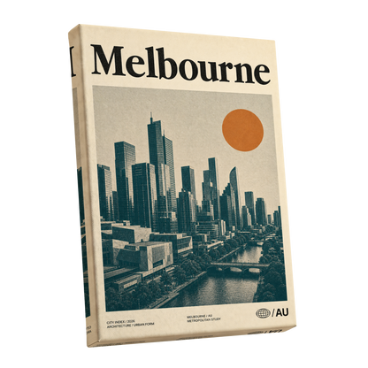 Melbourne Amber Skyline, green, beige, orange minimalist wall art shown as a stretched canvas wall art