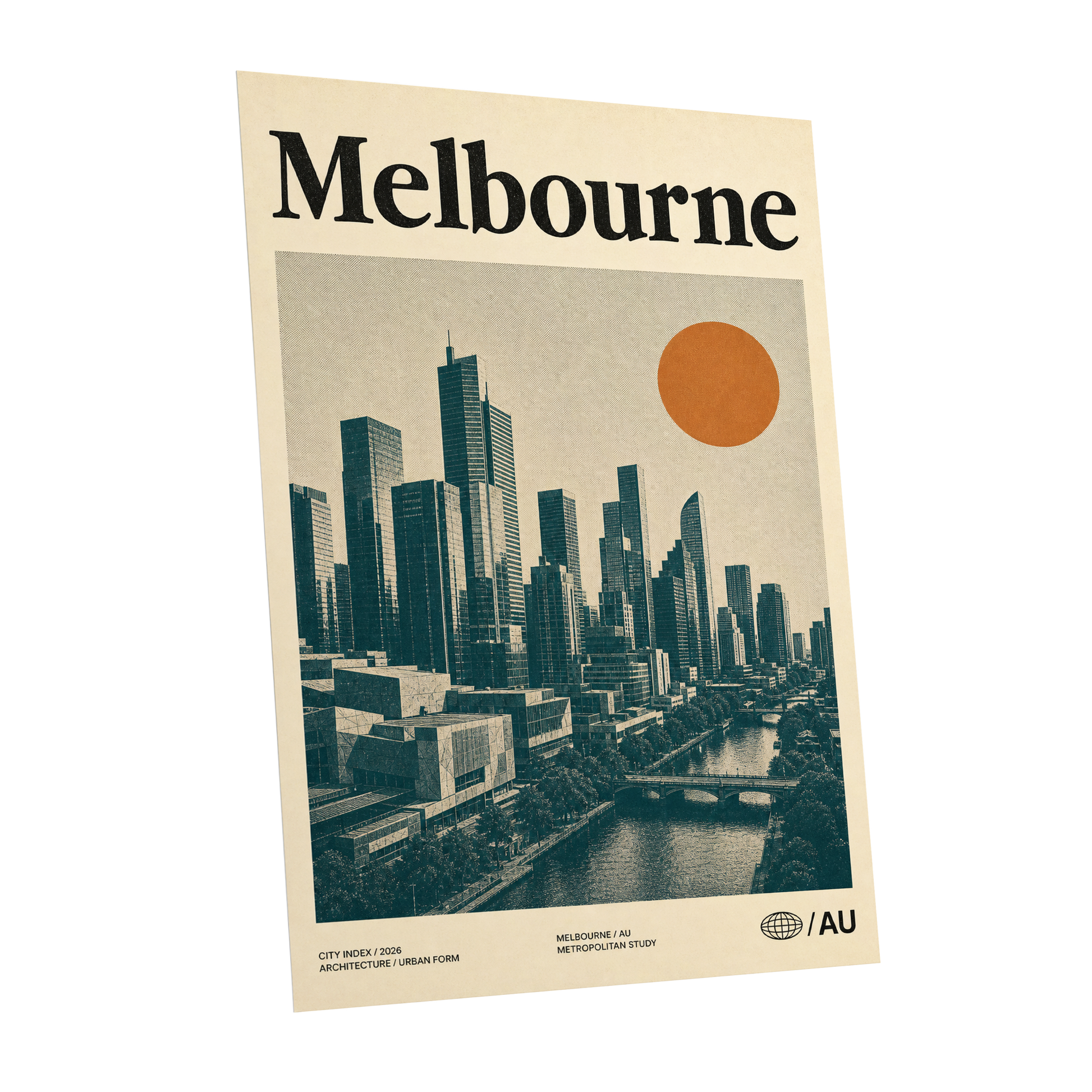Melbourne Amber Skyline, green, beige, orange minimalist wall art shown as a unframed poster wall art print