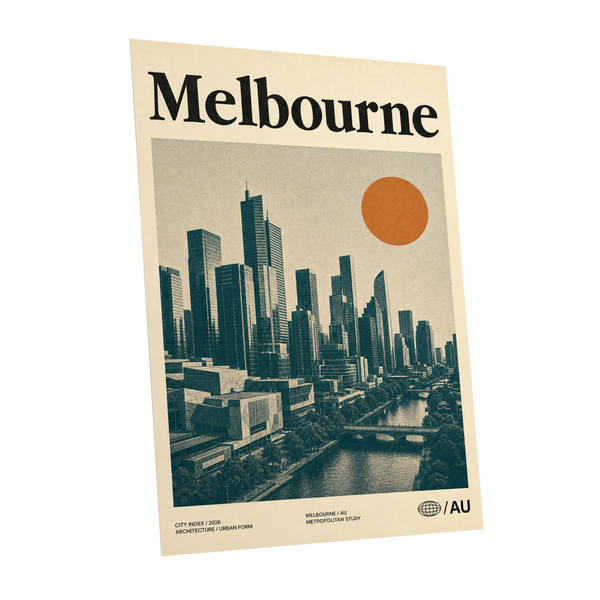 Melbourne Amber Skyline, green, beige, orange minimalist wall art shown as a unframed poster wall art print