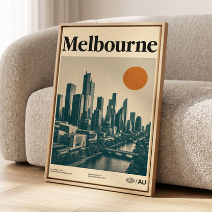 Melbourne Amber Skyline, green, beige, orange minimalist wall art displayed in a styled interior, gallery view 1