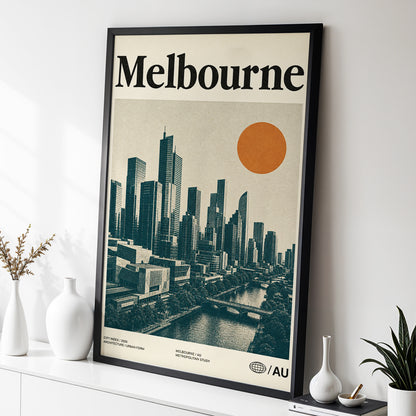 Melbourne Amber Skyline, green, beige, orange minimalist wall art displayed in a styled interior, gallery view 2