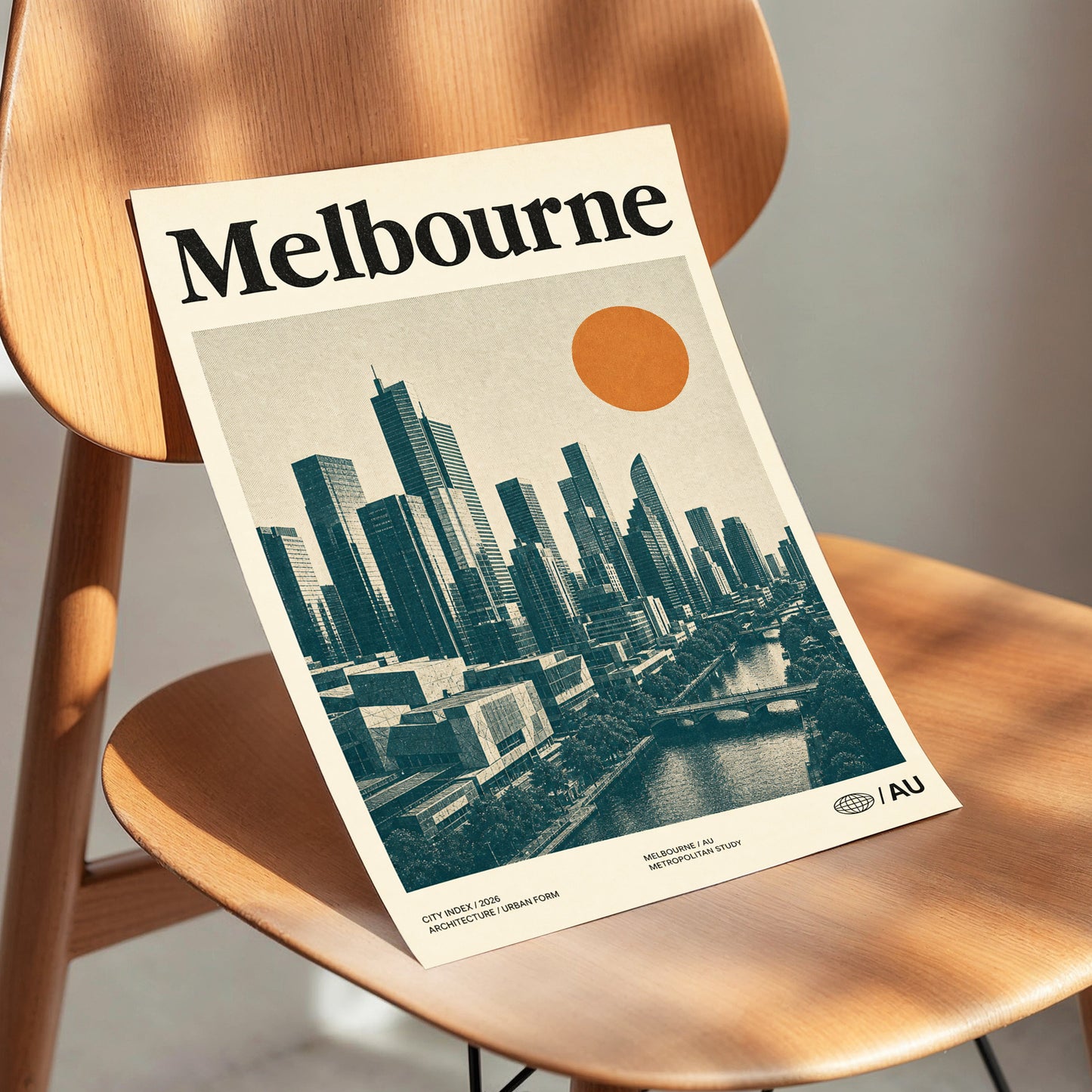 Melbourne Amber Skyline, green, beige, orange minimalist wall art displayed in a styled interior, gallery view 3