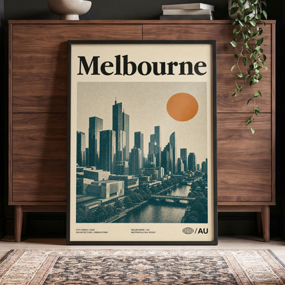 Melbourne Amber Skyline, green, beige, orange minimalist wall art displayed in a styled interior, gallery view 4