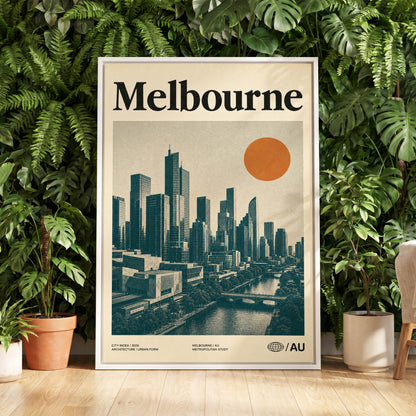 Melbourne Amber Skyline, green, beige, orange minimalist wall art displayed in a styled interior, gallery view 5