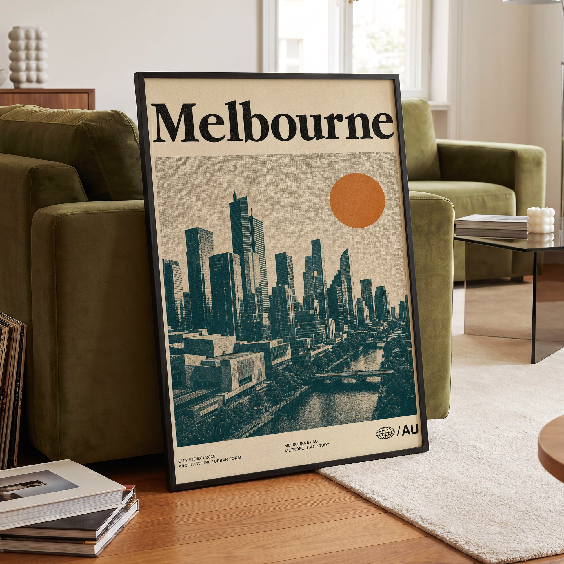 Melbourne Amber Skyline, green, beige, orange minimalist wall art displayed in a styled interior, gallery view 6