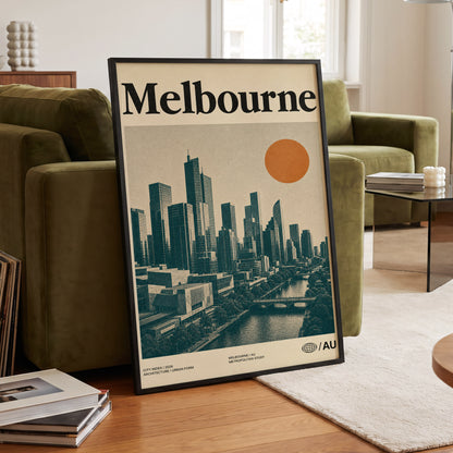Melbourne Amber Skyline, green, beige, orange minimalist wall art displayed in a styled interior, gallery view 6
