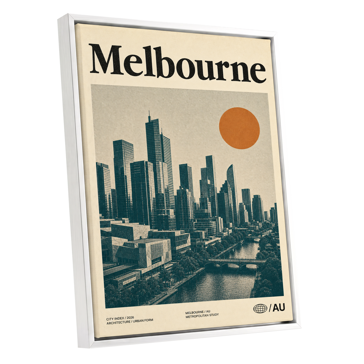Melbourne Amber Skyline, green, beige, orange minimalist wall art shown as a white framed canvas wall art