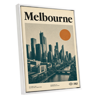 Melbourne Amber Skyline, green, beige, orange minimalist wall art shown as a white framed canvas wall art