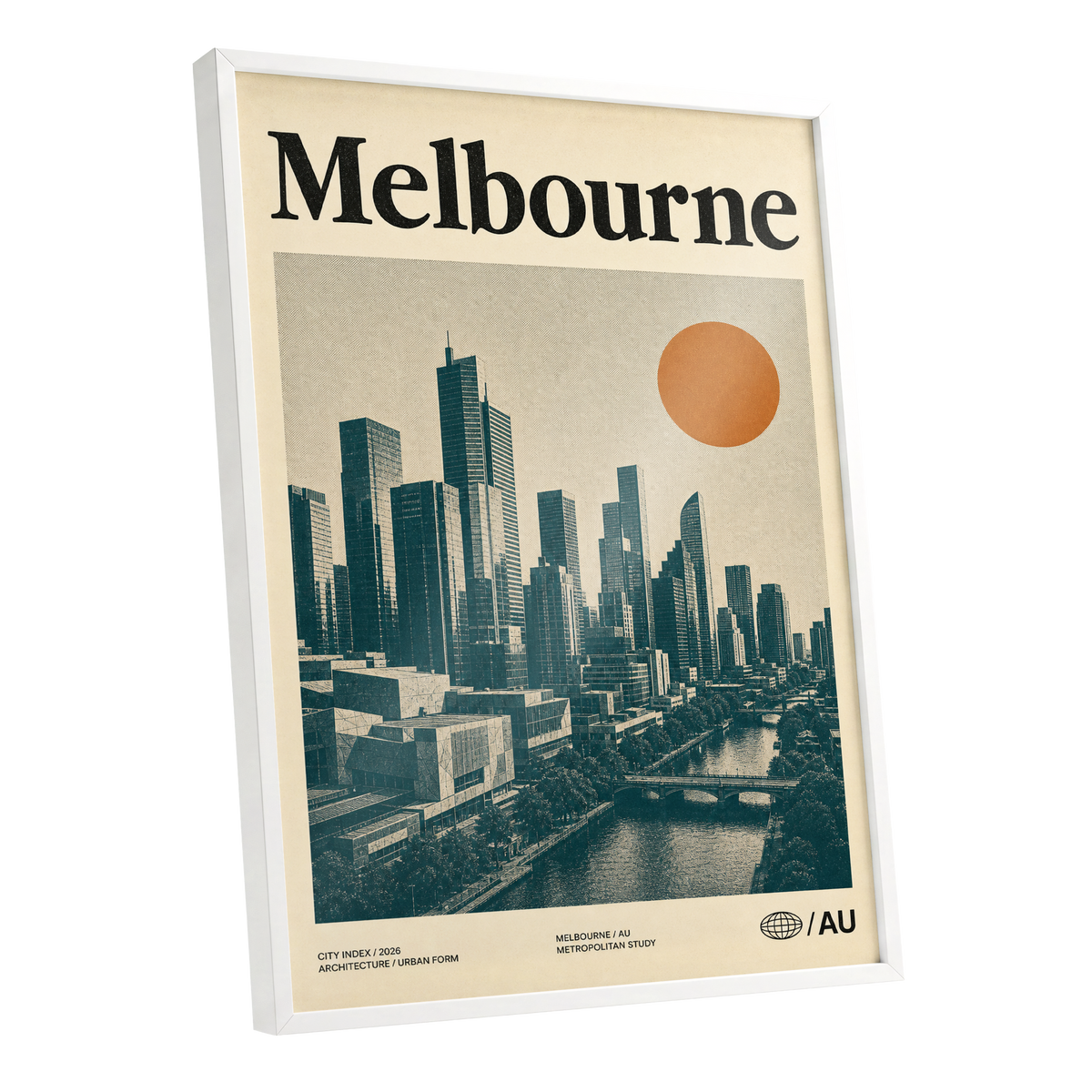 Melbourne Amber Skyline, green, beige, orange minimalist wall art shown as a white framed poster wall art print
