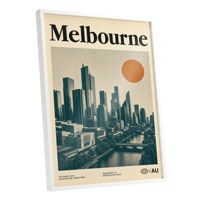 Melbourne Amber Skyline, green, beige, orange minimalist wall art shown as a white framed poster wall art print