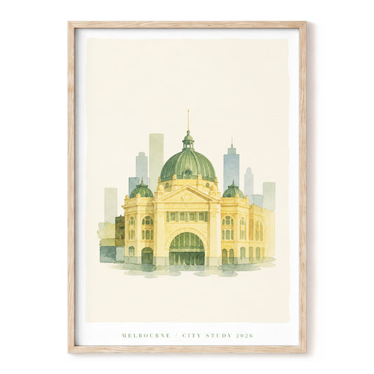 Melbourne in Soft Light, beige, gold, green minimalist wall art, front artwork view