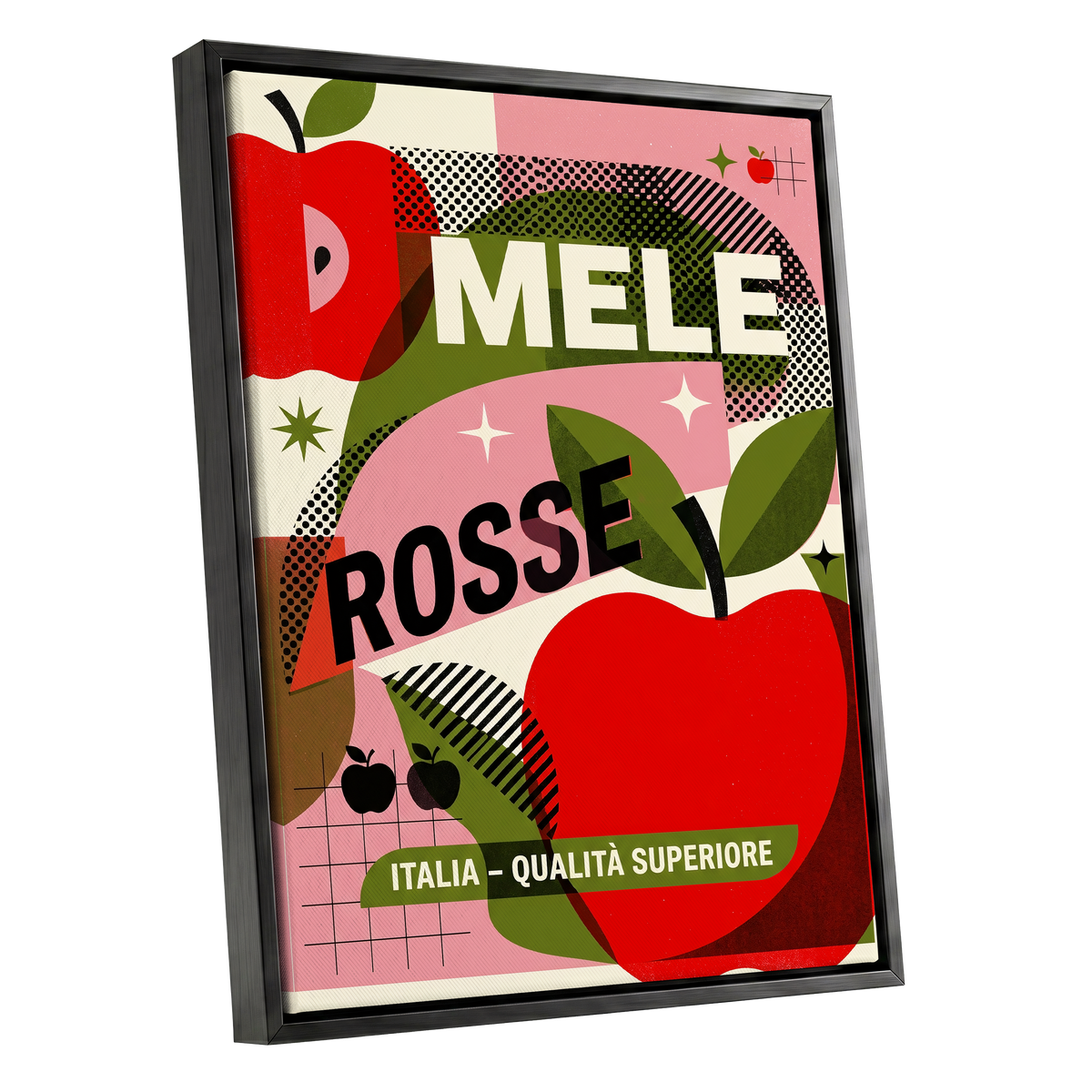 Mele Rosse Orchard, red, green, pink nature wall art shown as a black framed canvas wall art
