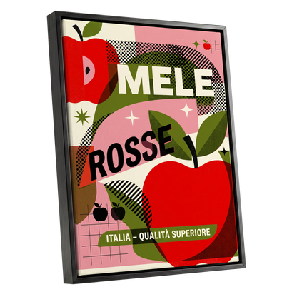 Mele Rosse Orchard, red, green, pink nature wall art shown as a black framed canvas wall art