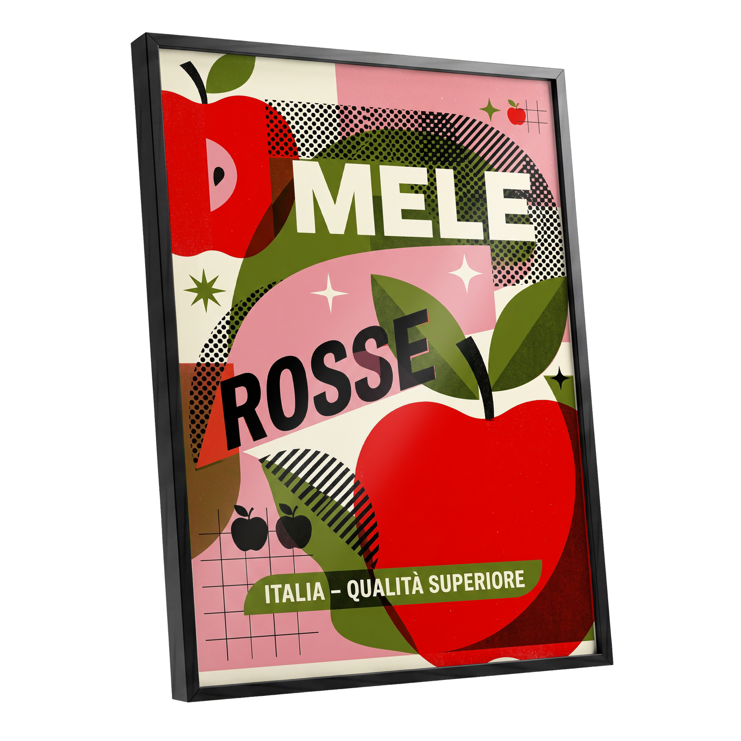 Mele Rosse Orchard, red, green, pink nature wall art shown as a black framed poster wall art print