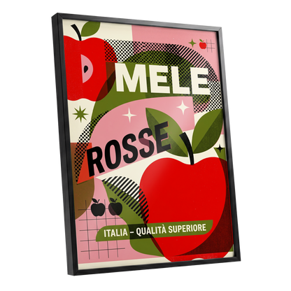 Mele Rosse Orchard, red, green, pink nature wall art shown as a black framed poster wall art print