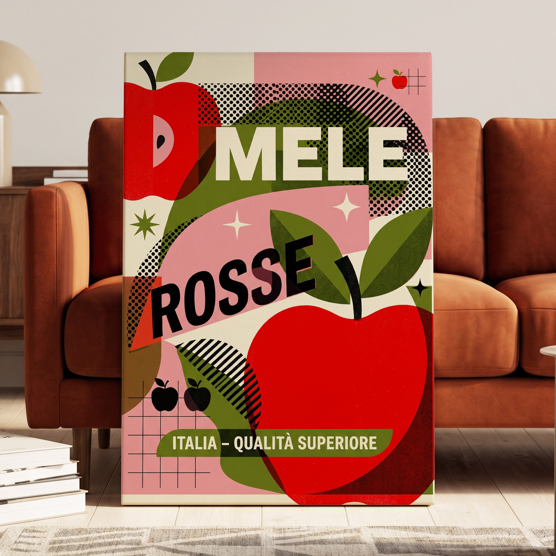 Mele Rosse Orchard, red, green, pink nature wall art on canvas displayed in a styled interior, gallery view 1