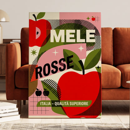 Mele Rosse Orchard, red, green, pink nature wall art on canvas displayed in a styled interior, gallery view 1