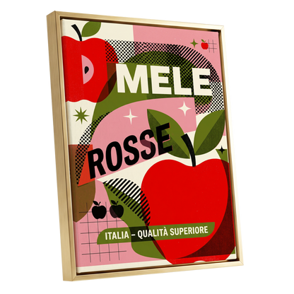 Mele Rosse Orchard, red, green, pink nature wall art shown as a gold framed canvas wall art