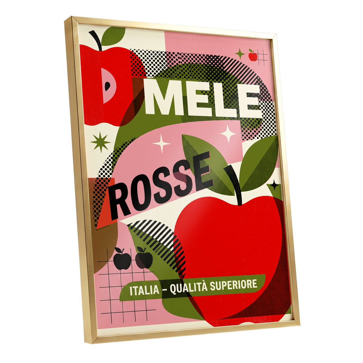 Mele Rosse Orchard, red, green, pink nature wall art shown as a gold framed poster wall art print