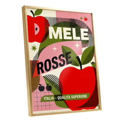 Mele Rosse Orchard, red, green, pink nature wall art shown as a gold framed poster wall art print