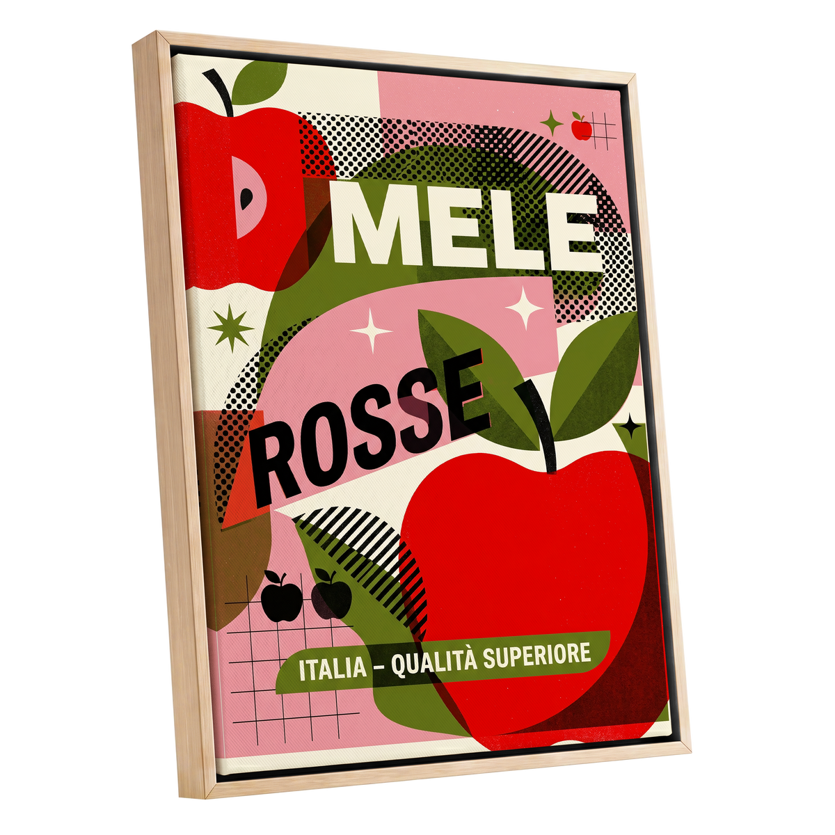 Mele Rosse Orchard, red, green, pink nature wall art shown as a oak framed canvas wall art