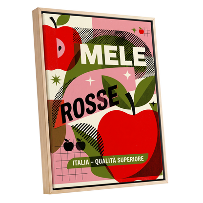 Mele Rosse Orchard, red, green, pink nature wall art shown as a oak framed canvas wall art