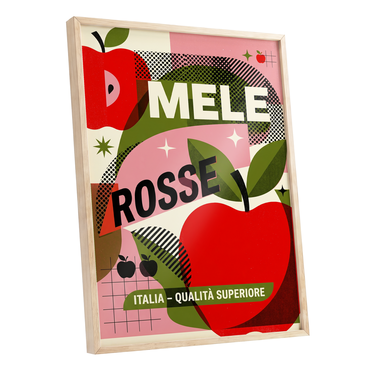 Mele Rosse Orchard, red, green, pink nature wall art shown as a oak framed poster wall art print