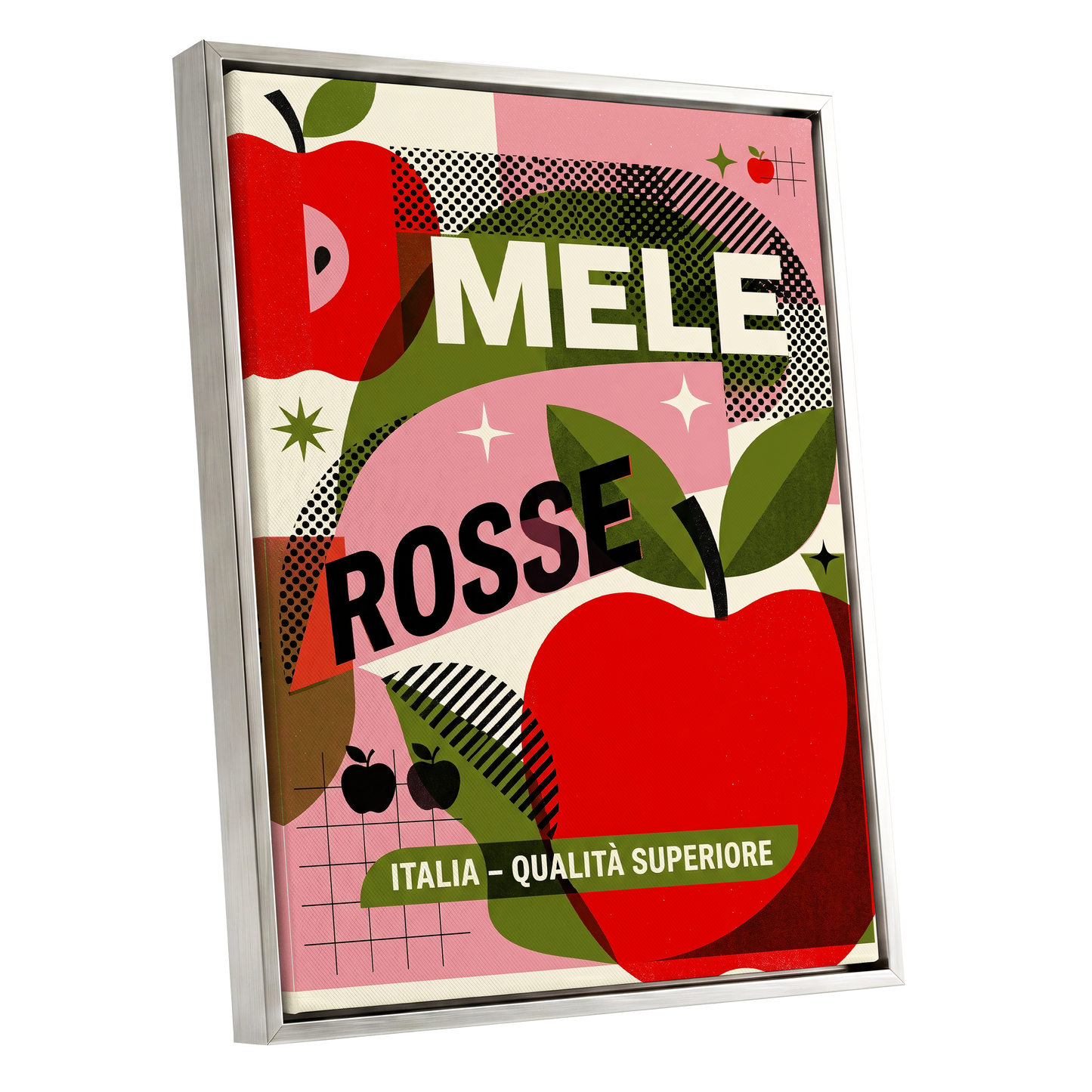 Mele Rosse Orchard, red, green, pink nature wall art shown as a silver framed canvas wall art
