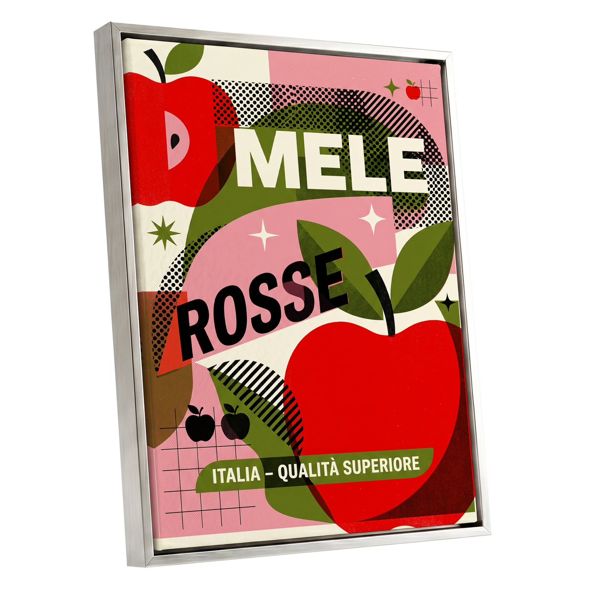 Mele Rosse Orchard, red, green, pink nature wall art shown as a silver framed canvas wall art
