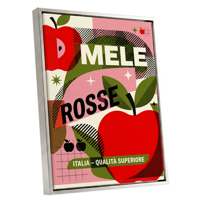 Mele Rosse Orchard, red, green, pink nature wall art shown as a silver framed canvas wall art