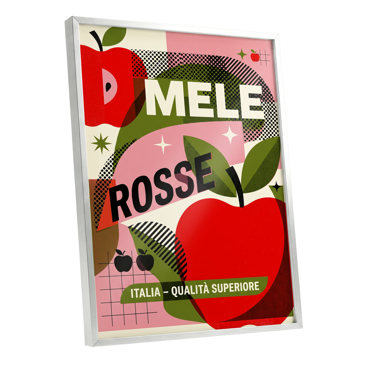 Mele Rosse Orchard, red, green, pink nature wall art shown as a silver framed poster wall art print