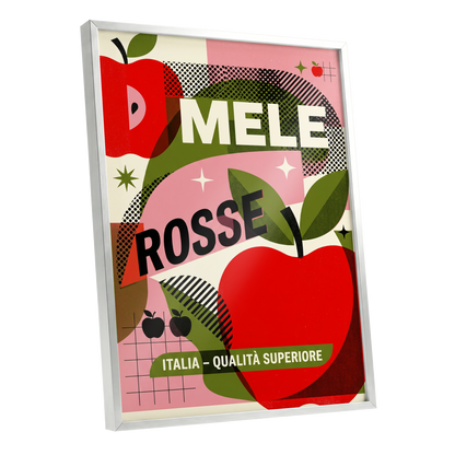 Mele Rosse Orchard, red, green, pink nature wall art shown as a silver framed poster wall art print