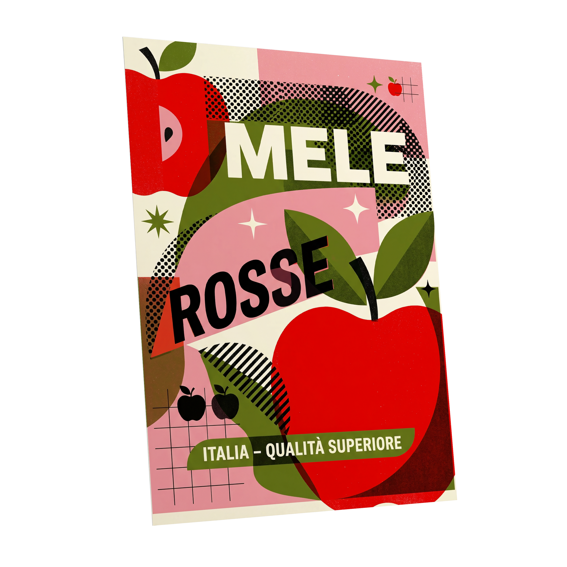 Mele Rosse Orchard, red, green, pink nature wall art shown as a unframed poster wall art print