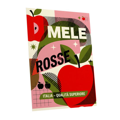 Mele Rosse Orchard, red, green, pink nature wall art shown as a unframed poster wall art print