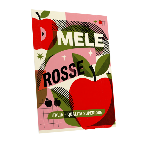 Mele Rosse Orchard, red, green, pink nature wall art shown as a unframed poster wall art print